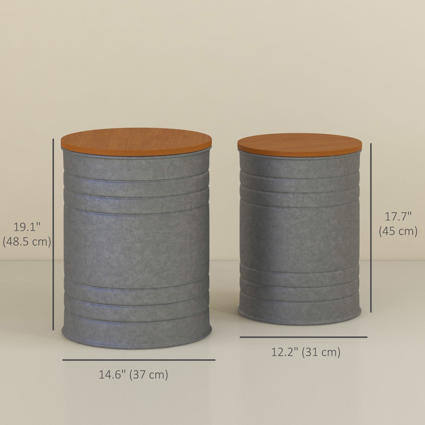 Round Side Table Set of 2, Nesting Coffee Tables w/ Wooden Lid, Galvanized Sheet Frame and Hidden Storage Space, Grey