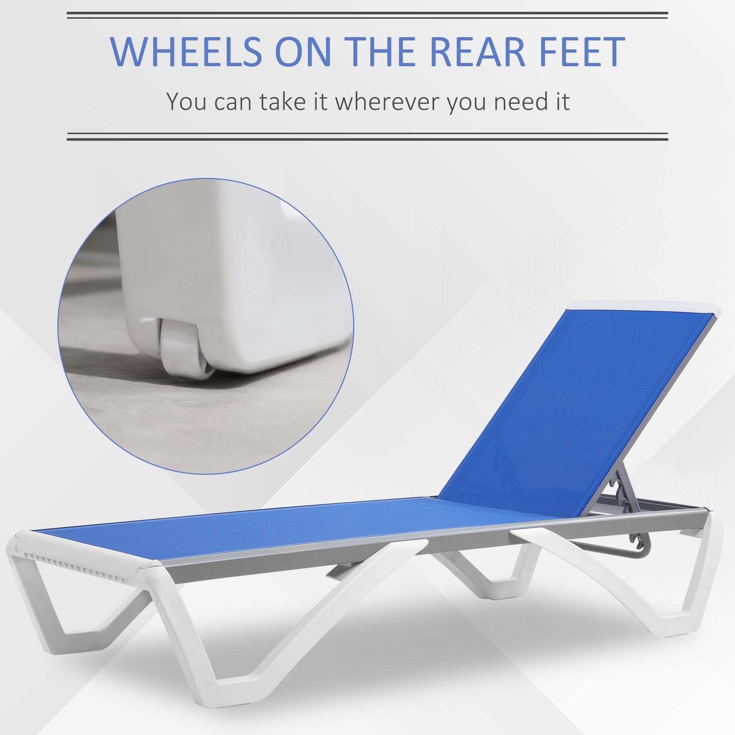 Outdoor Chaise Lounge Chair, Patio Aluminum Tanning Chair with 5-Level Adjustable Back, Portable Wheels, Breathable Mesh Fabric, for Pool, Deck, Garden, Blue