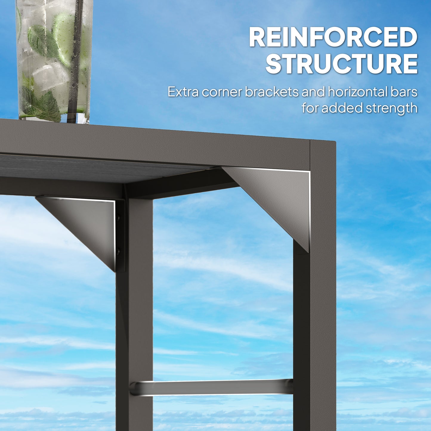 Bar Height Outdoor Table with Built-In Bottle Opener, Patio Bar Table with Wood Grain Plastic Top, 55" x 15" x 39"