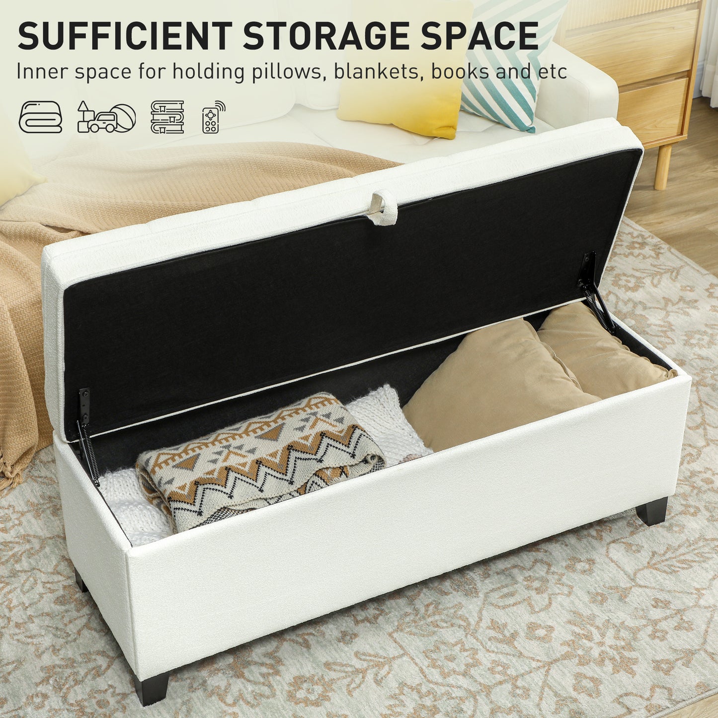 Storage Ottoman Bench, Foot Rest with Safety Hinges, 47 Inches Linen Storage Chest for Living Room, Cream White