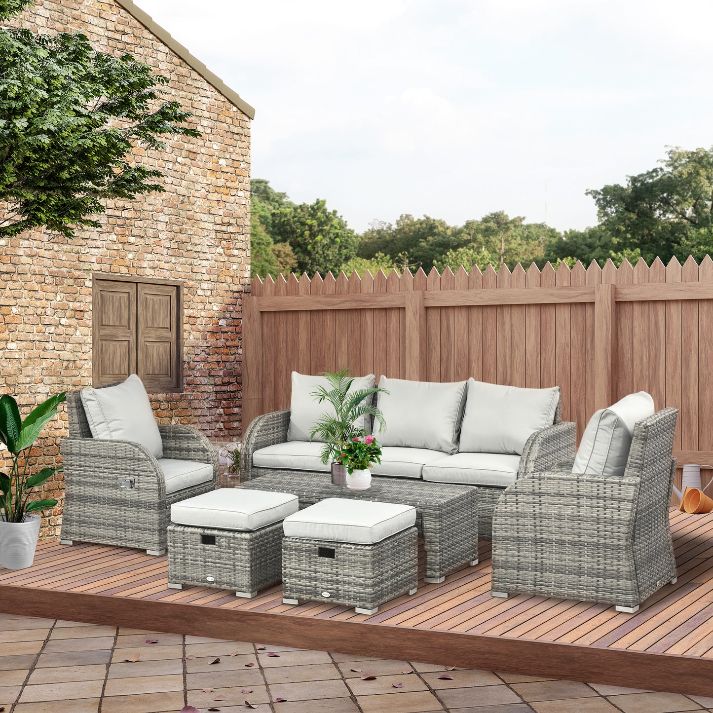 6 Pieces Patio Furniture Set, Conversation Set Wicker Sectional Set Cushioned Outdoor Rattan 3-Seat Sofa, 2 Adjustable Recliners, 2 Footstools & Table Set for Lawn Garden Backyard, Light Grey