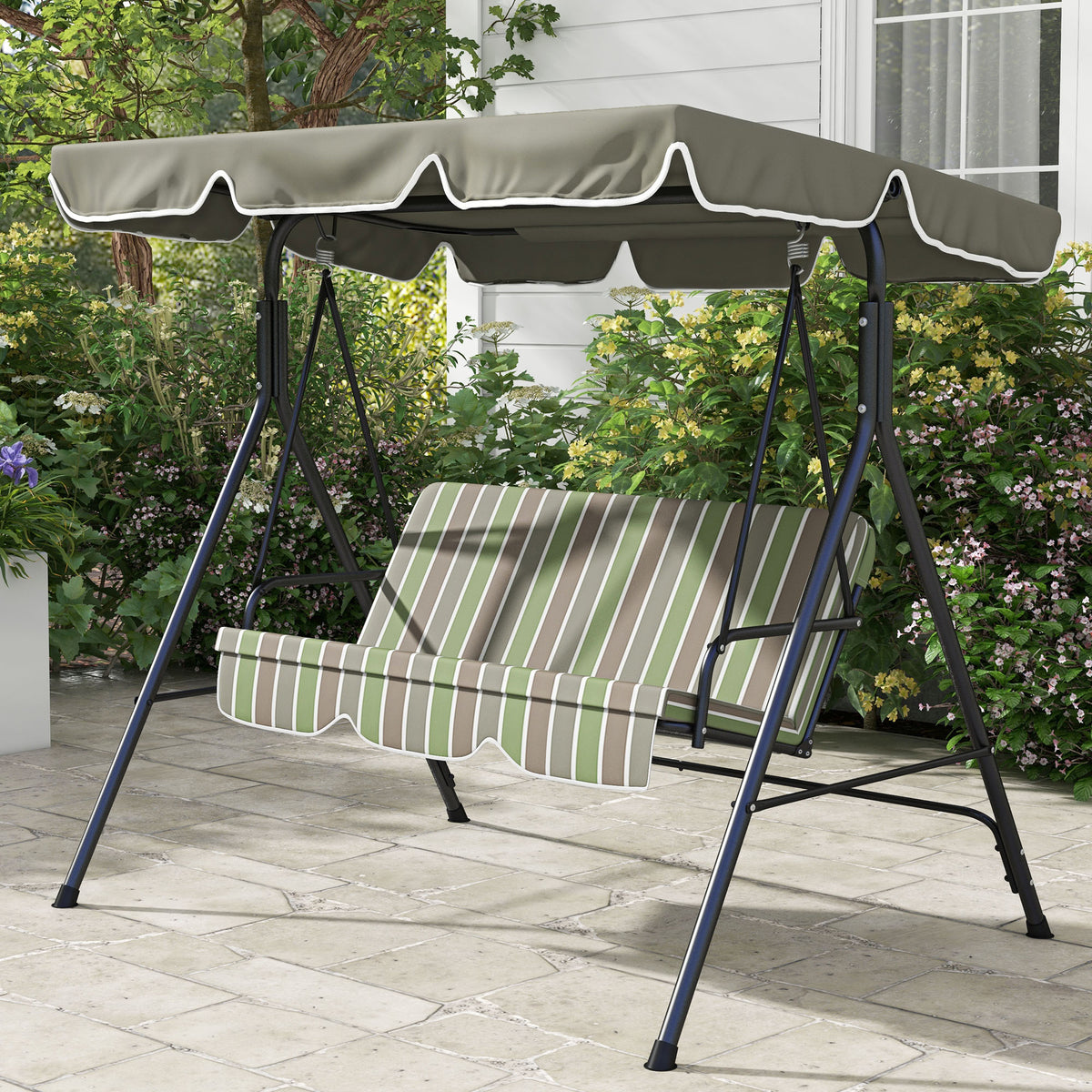 3-Seater Outdoor Porch Swing with Adjustable Canopy, Patio Swing Chair for Garden, Poolside, Backyard, Red - Blue