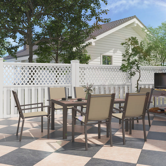 7 Piece Outdoor Dining Set with Rectangular Table and 6 Stackable Chairs, for Backyard, Lawn, Deck, Balcony, Pool Side - Teak