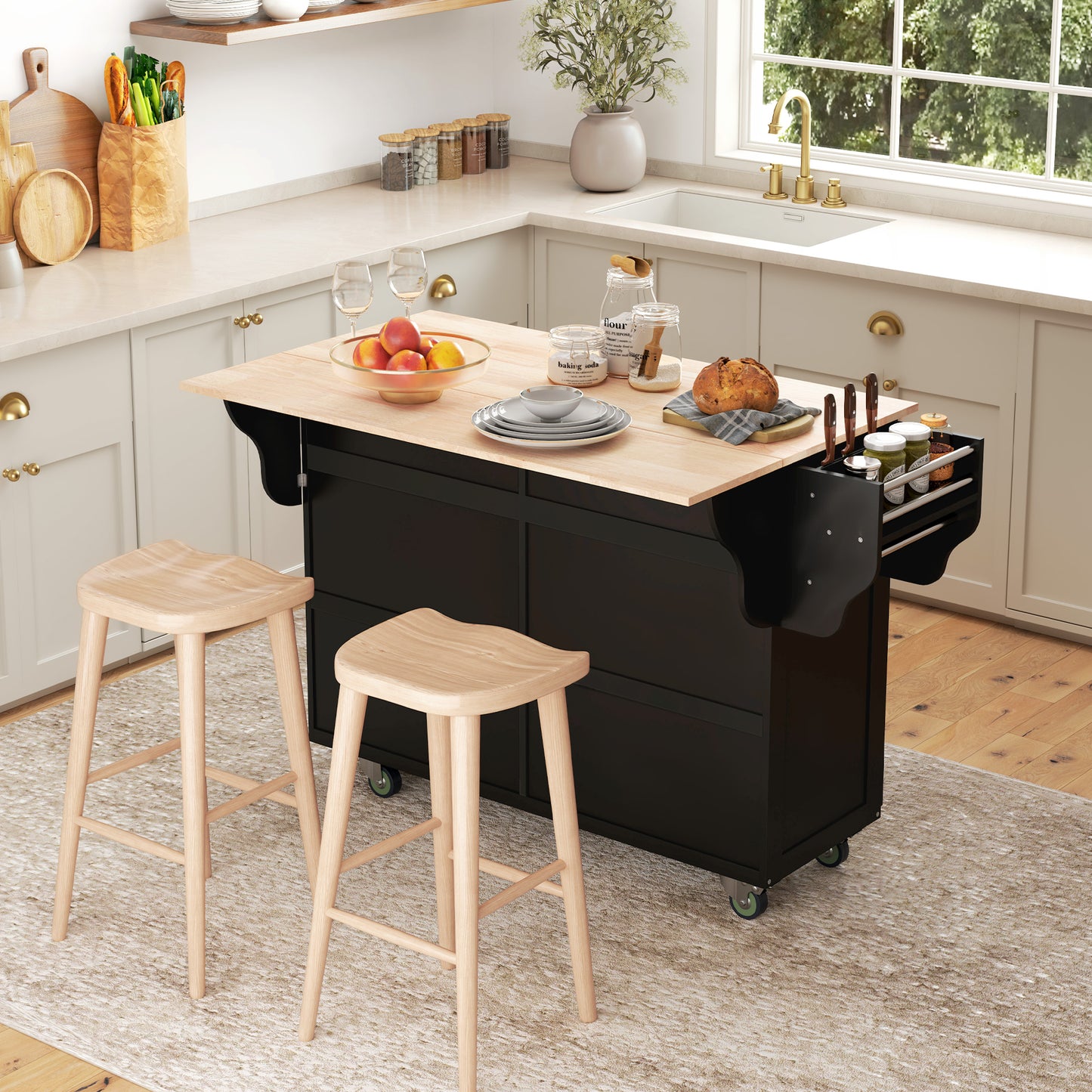 Kitchen Island with Storage, Rolling Kitchen Island with Drop Leaf, Rubber Wood Top and Adjustable Shelves, Black