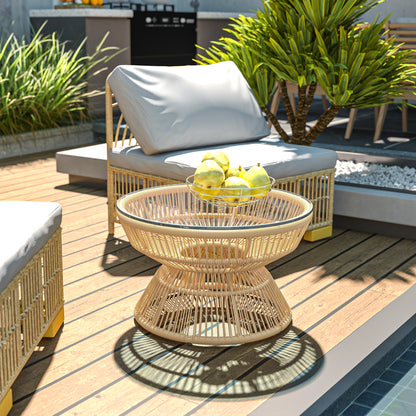Rattan Coffee Table with Glass Top and Steel Frame