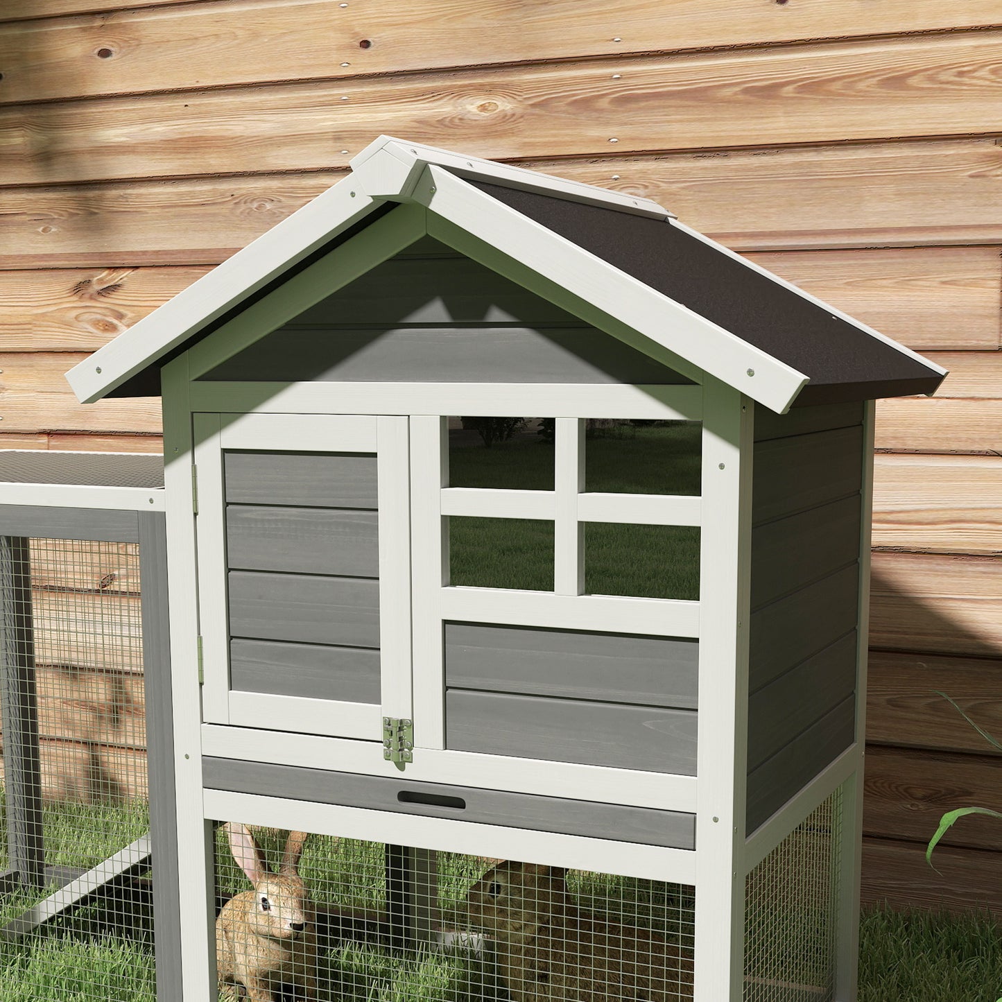 49" Weatherproof Wooden Rabbit Hutch With Slant Roof And Screened Outdoor Run, Grey