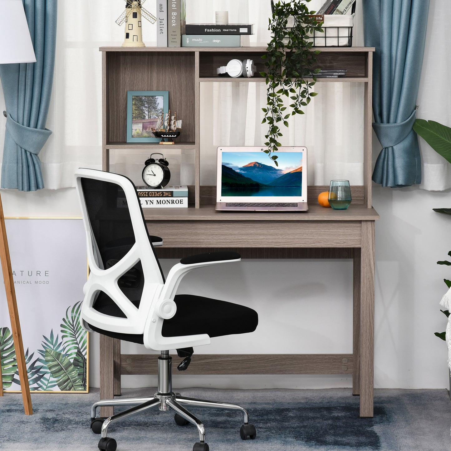 Computer Desk with Hutch, Home Office Table with Storage Shelves and Open Compartments for Writing, Work, Brown