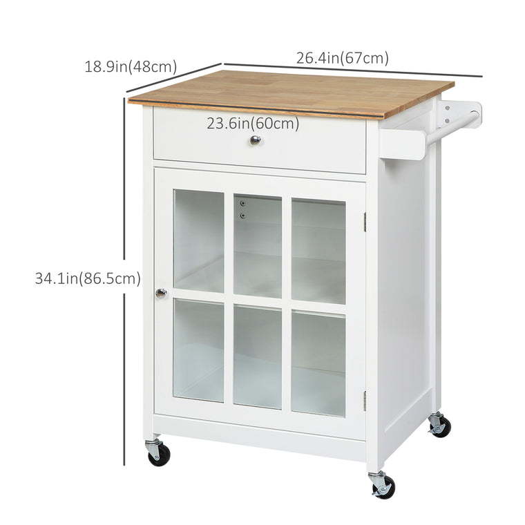 Rolling Kitchen Cart with Glass Door Cabinet - White