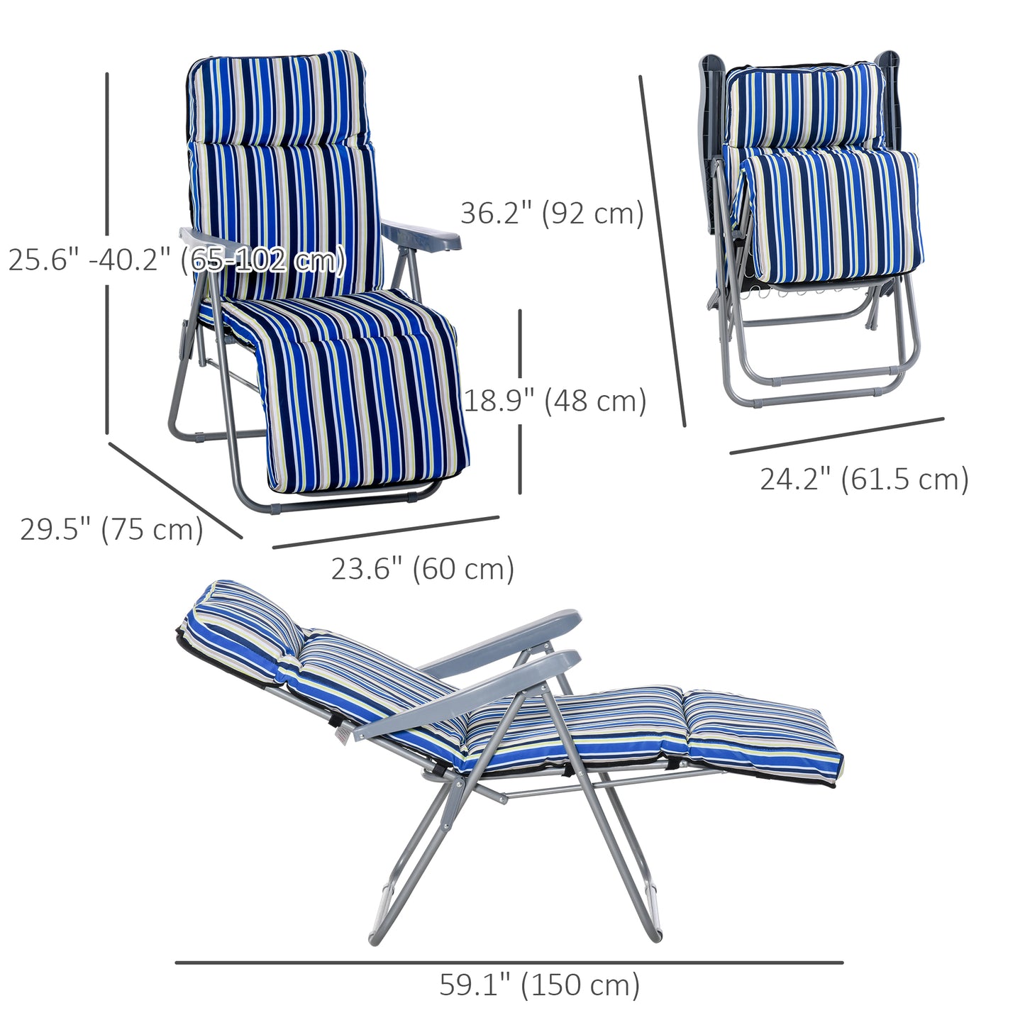 Set of 2 Garden Sun Lounger, Outdoor Reclining Seat Cushioned Seat, Foldable Adjustable Recliner, Grey and Red