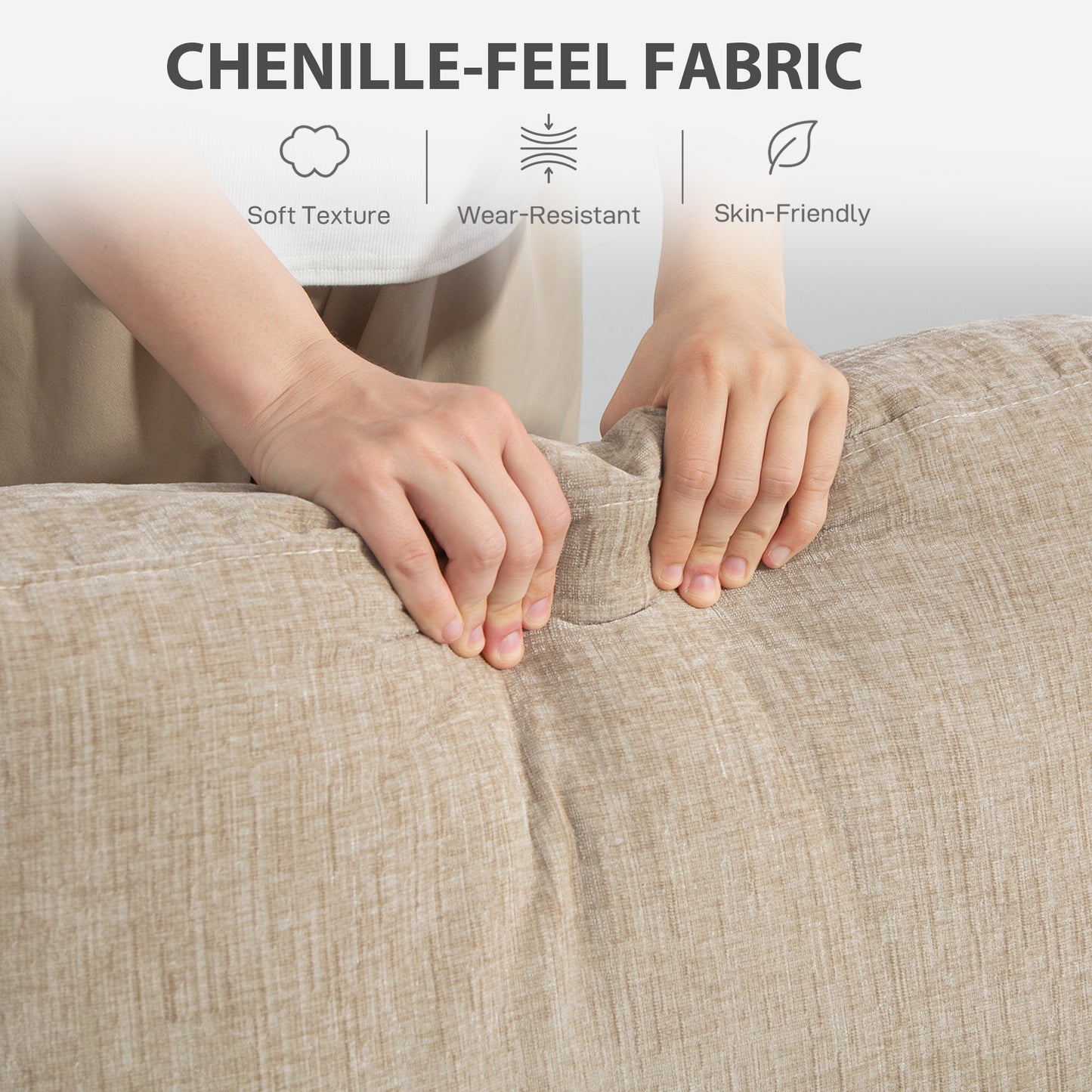3 Seater Sofa with USB Ports & Cup Holders, Chenille-Feel Upholstered Couch for Living Room, Light Brown