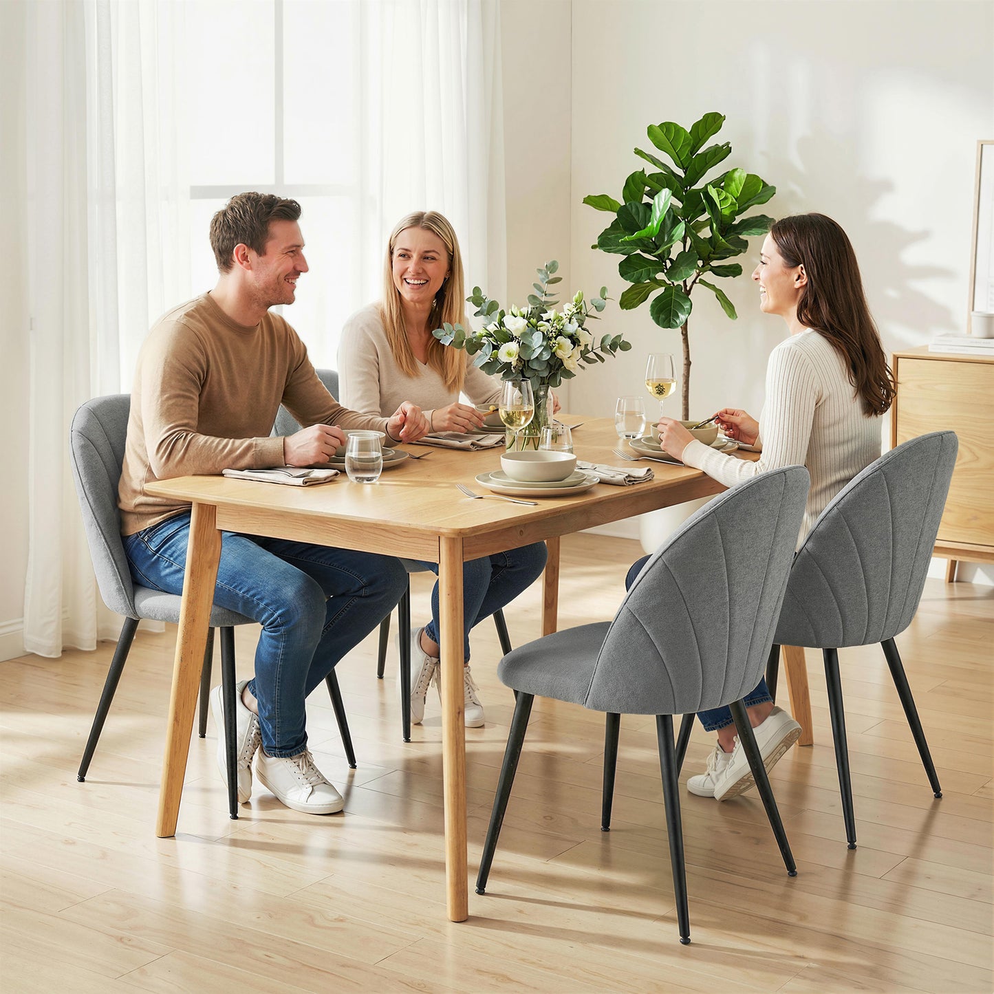 Modern Dining Chairs Set of 4, Upholstered Dining Room Chairs with Metal Legs, Shell Backrest, Padded Seat, Grey
