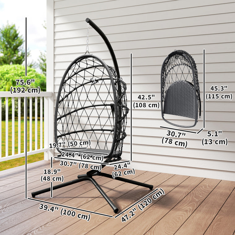 Foldable Wicker Egg Chair with Stand and Safety Rope