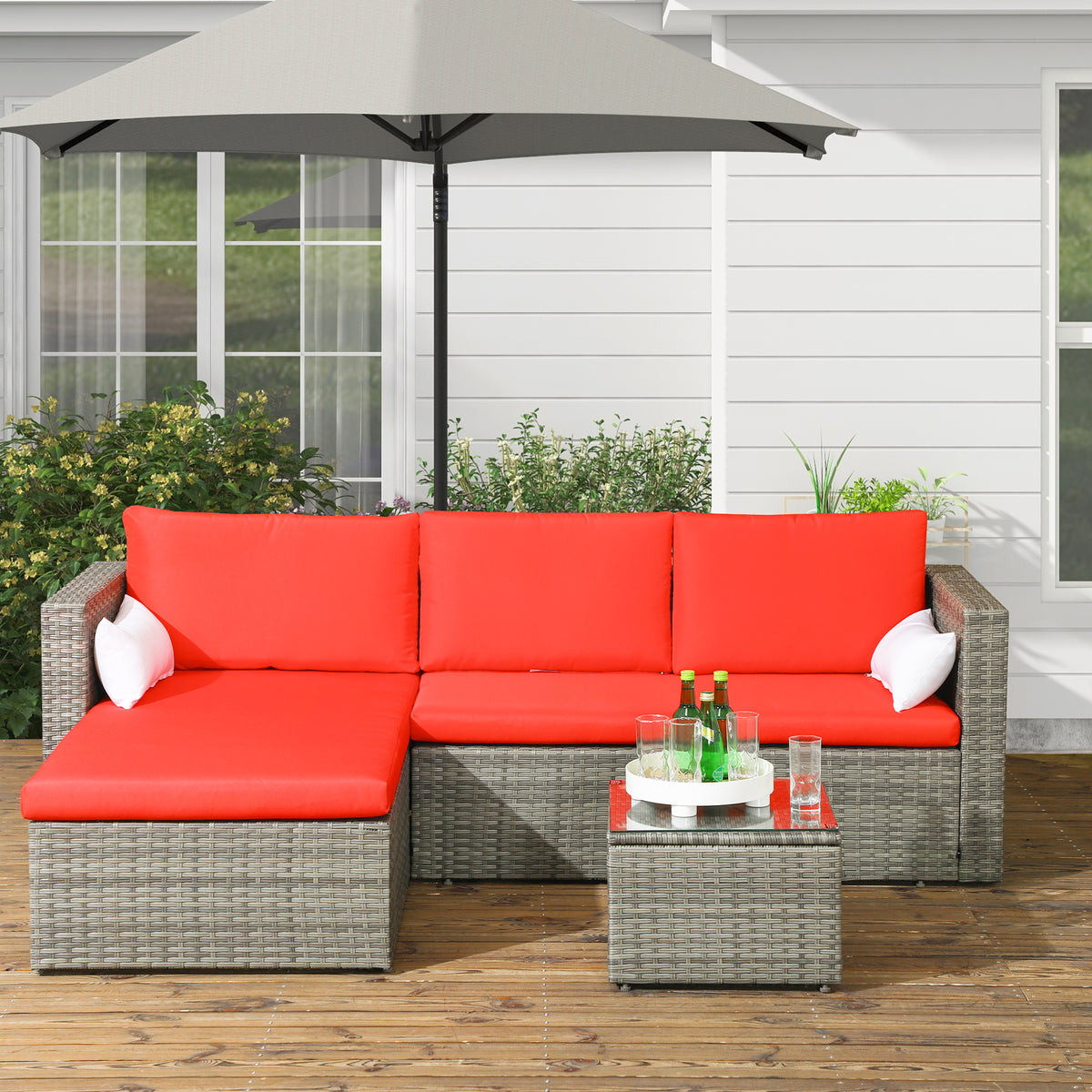 3pcs Modern Rattan Sofa Set, Wicker Patio Furniture Set with Coffee Table, Cushions, Pillows - Red