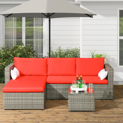 3pcs Modern Rattan Sofa Set, Wicker Patio Furniture Set with Coffee Table, Cushions, Pillows - Red