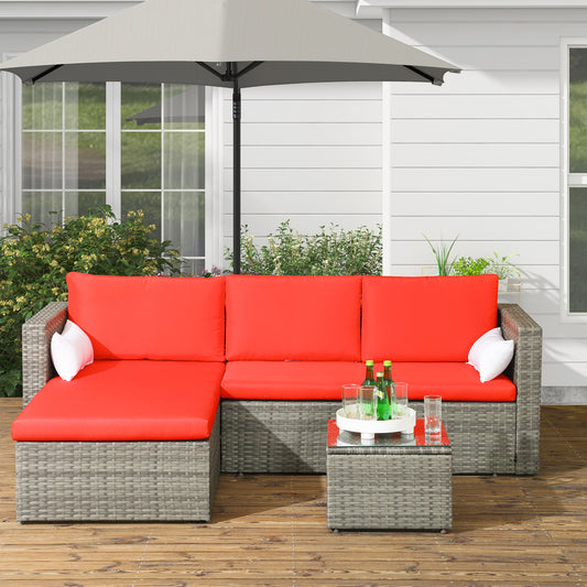 3pcs Modern Rattan Sofa Set, Wicker Patio Furniture Set with Coffee Table, Cushions, Pillows - Red