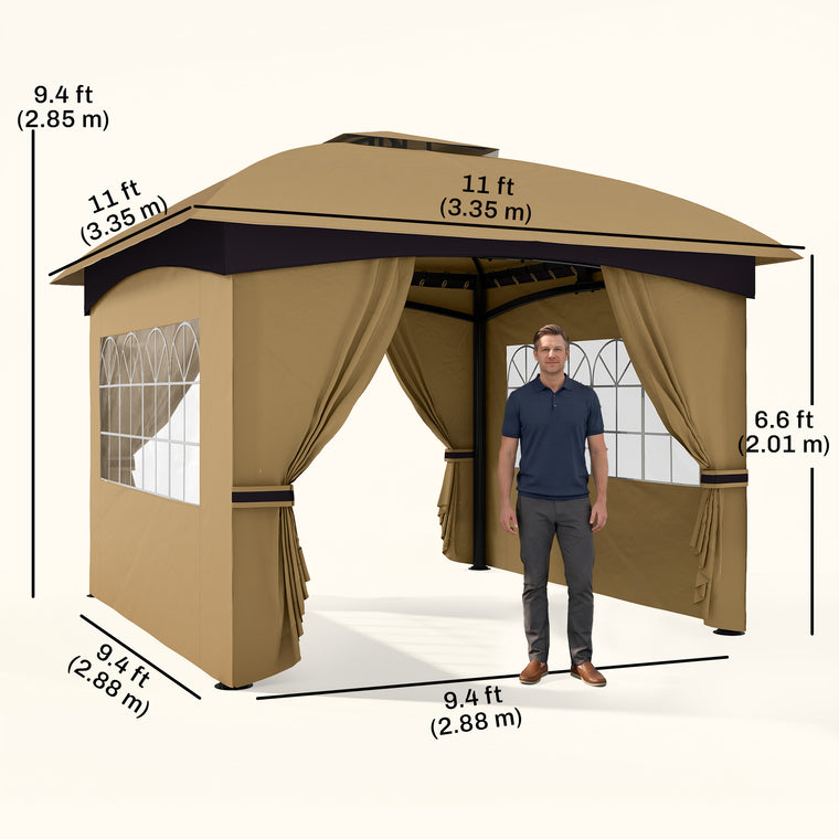 11' x 11' Beige Double Roof Gazebo with Church Windows
