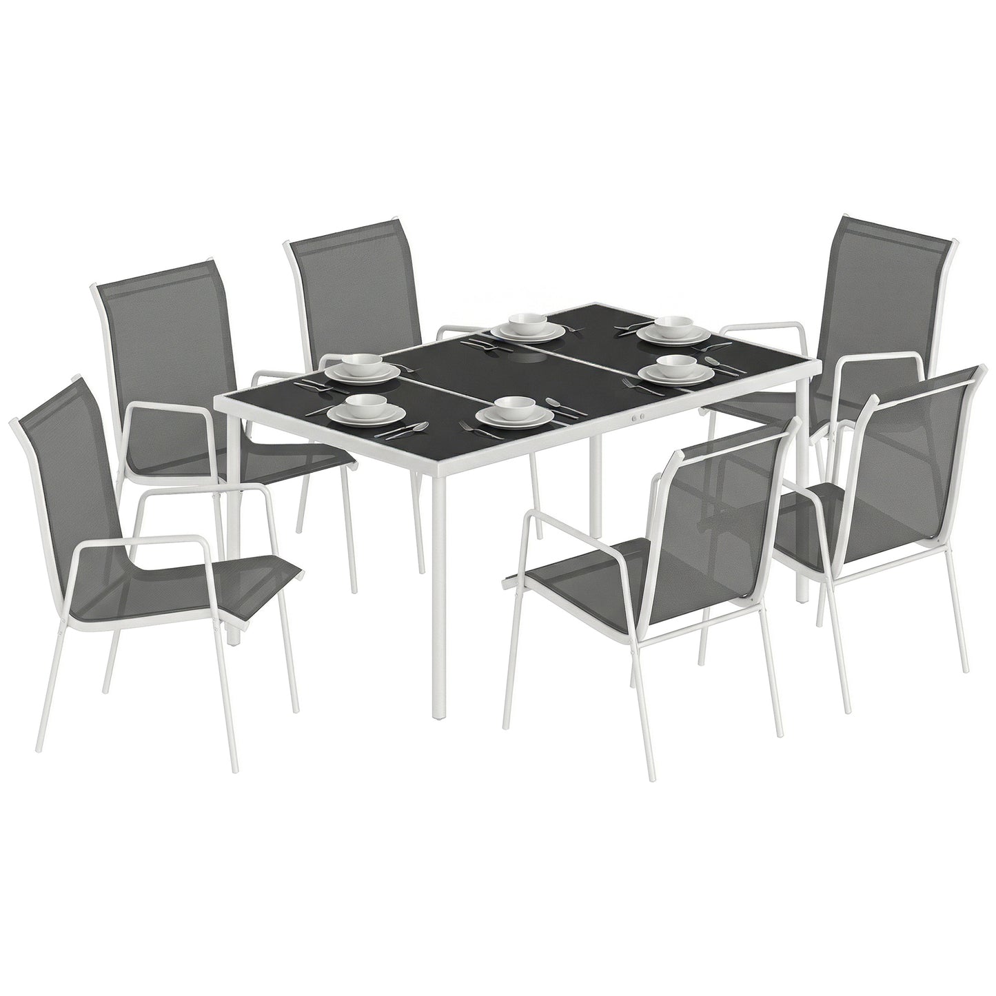 7 Piece Garden Dining Set, Garden Furniture Set with Rectangle Table and 6 Stackable Chairs