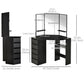 Corner Vanity Desk with Mirror, Makeup Vanity Table with 5 Drawers and Open Shelves, Dressing Table with 3-piece Mirror for Bedroom, Black