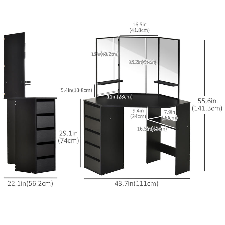 Corner Vanity Desk with Mirror and 5 Drawers