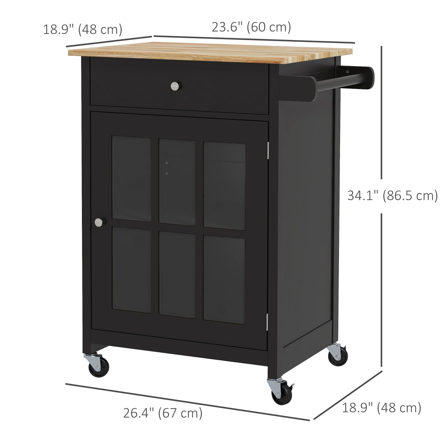 Rolling Kitchen Cart with Drawer and Glass Door Cabinet, Kitchen Island on Wheels with Towel Rack, Black