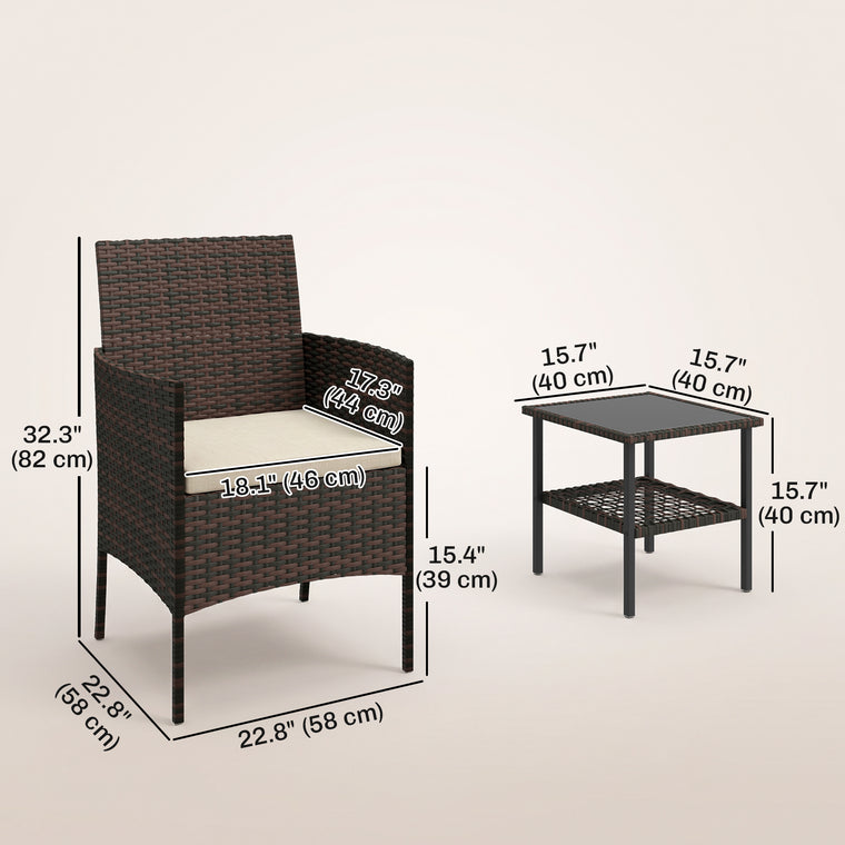 3-Piece Wicker Bistro Set with 2-Tier Glass Top Table