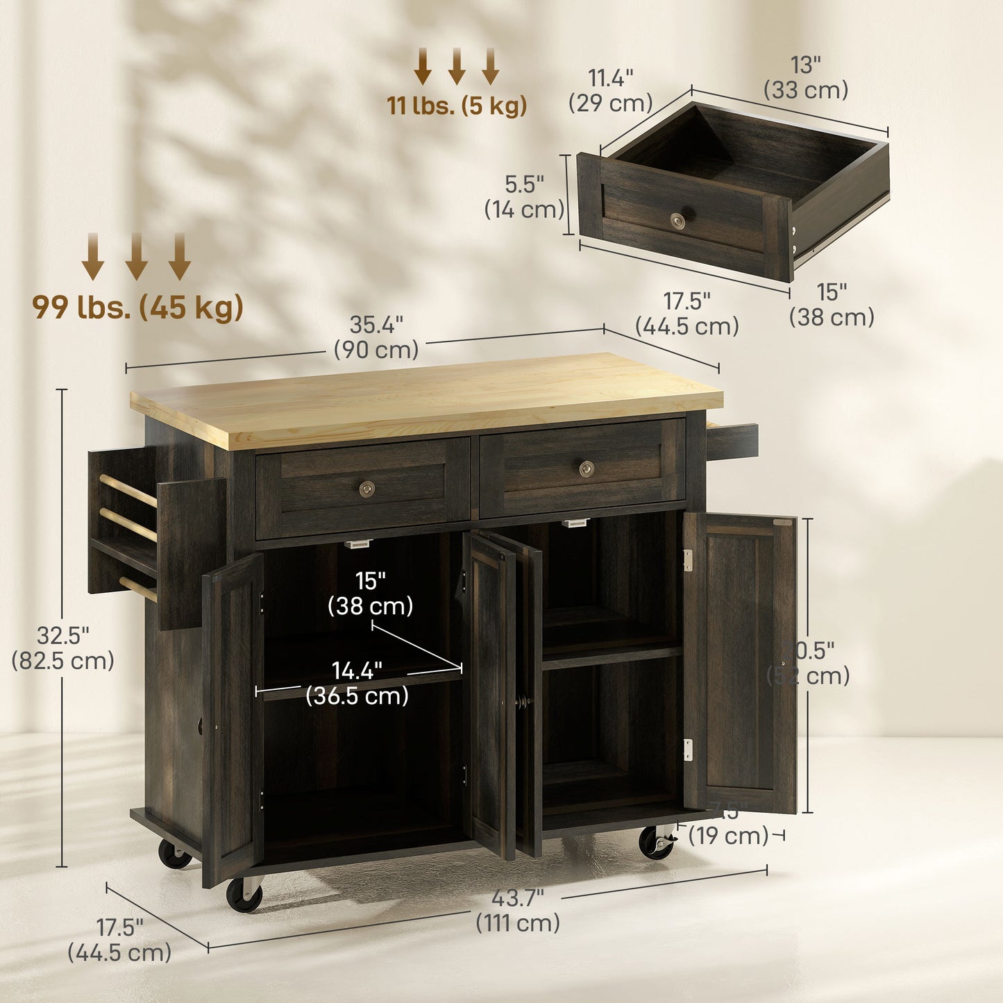 Kitchen Island with Storage, Rolling Trolley Cart with Rubber Wood Top, Spice Rack, Towel Rack, Brown Oak