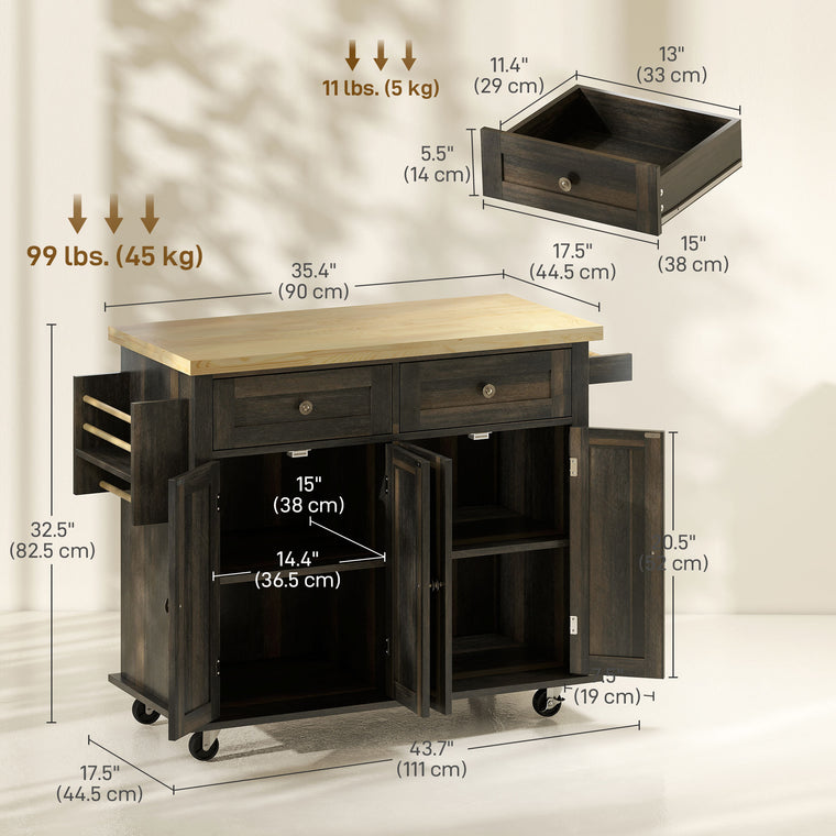 Rolling Kitchen Island with Rubber Wood Top - Brown Oak