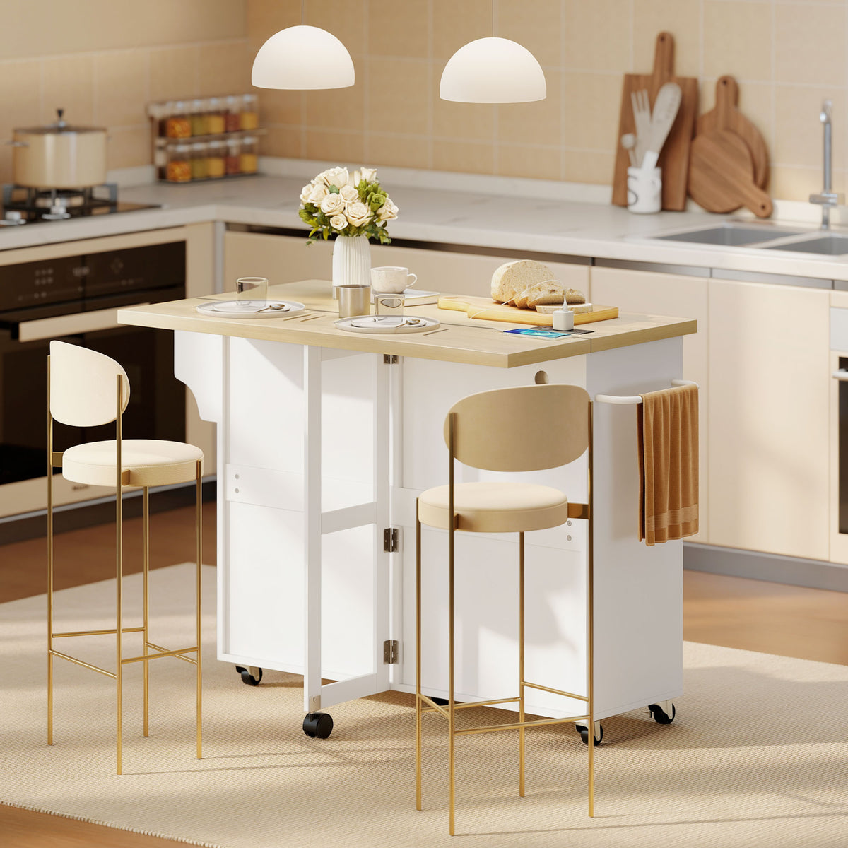 Kitchen Island with Storage, Rolling Kitchen Cart with Charging Station, Drop Leaf, Spice Rack, Towel Rack, Drawers