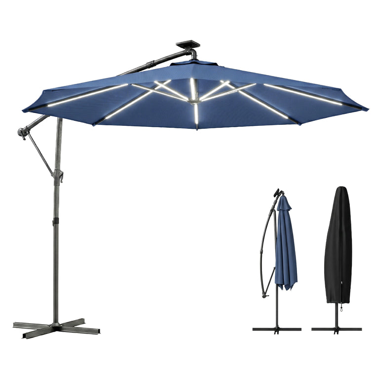 10' Navy Blue Offset Umbrella with Solar Light & 360° Rotation