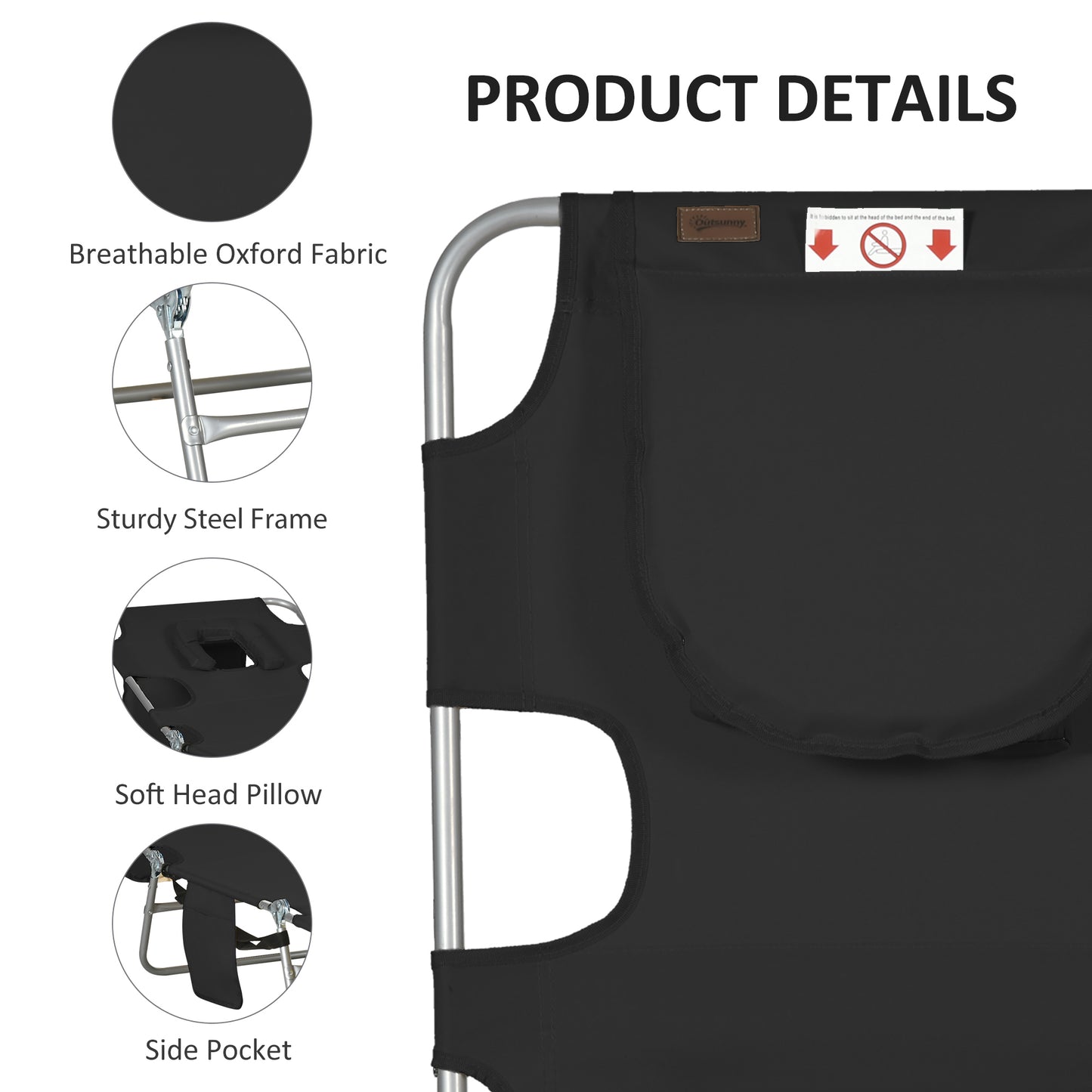 Folding Outdoor Lounge Chair, 5-Level Tanning Chair with Face Hole, Side Pocket, Carry Strap for Beach Pool, Black