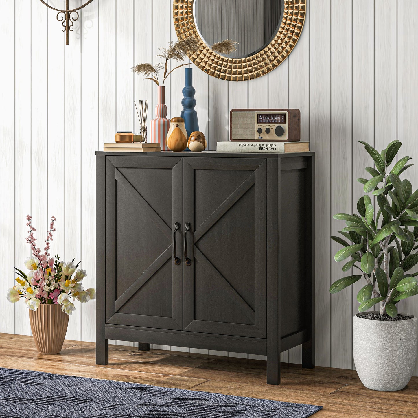Sideboard Buffet, Kitchen Storage Cabinet with Barn Door and Adjustable Shelves, Storage Pantry, Black Oak