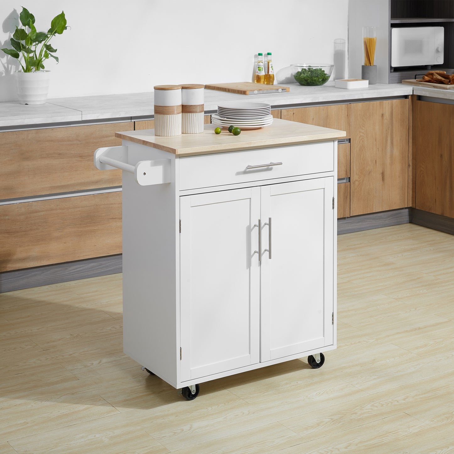 Kitchen Trolley Mobile Kitchen Island on Wheels Serving Cart Wooden Storage w/ Drawer and Towel Bar White