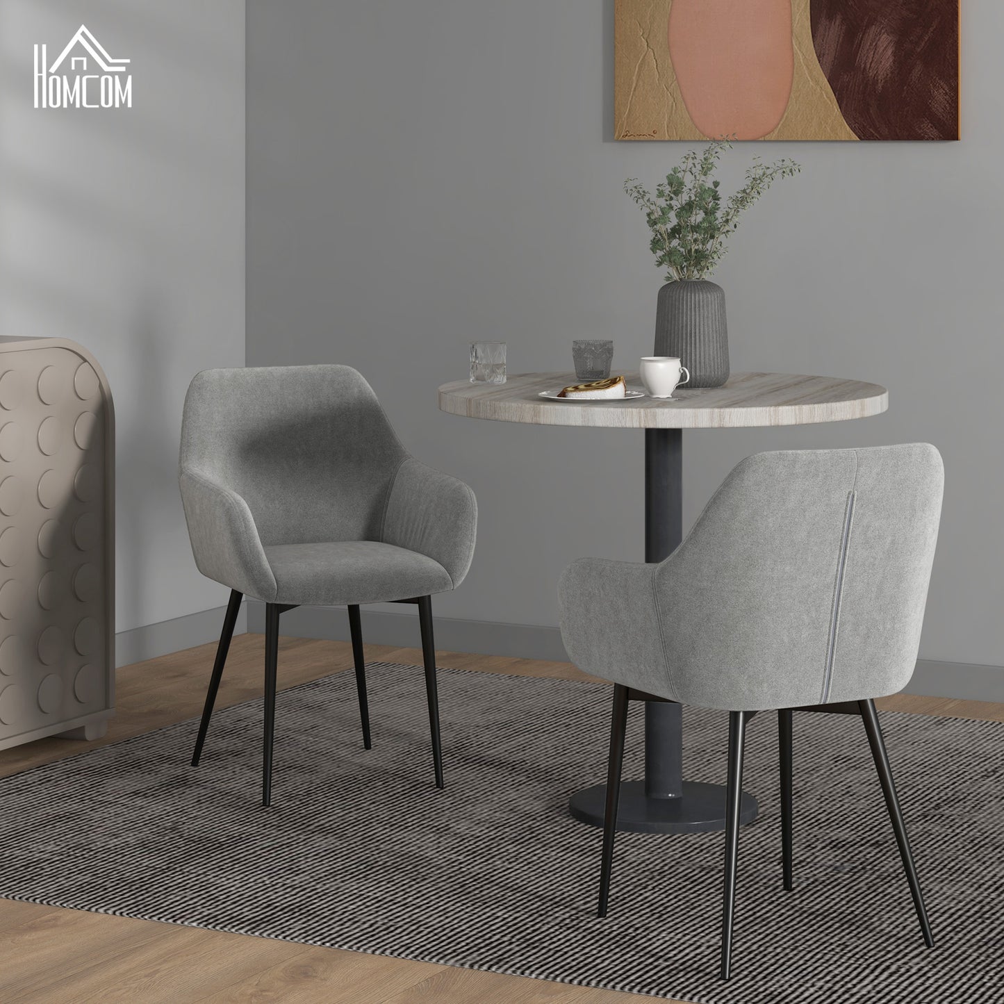Dining Chairs Set of 2, Velvet-look Fabric Upholstered Kitchen Chairs with Backrest, Armrests and Steel Legs, Dark Grey