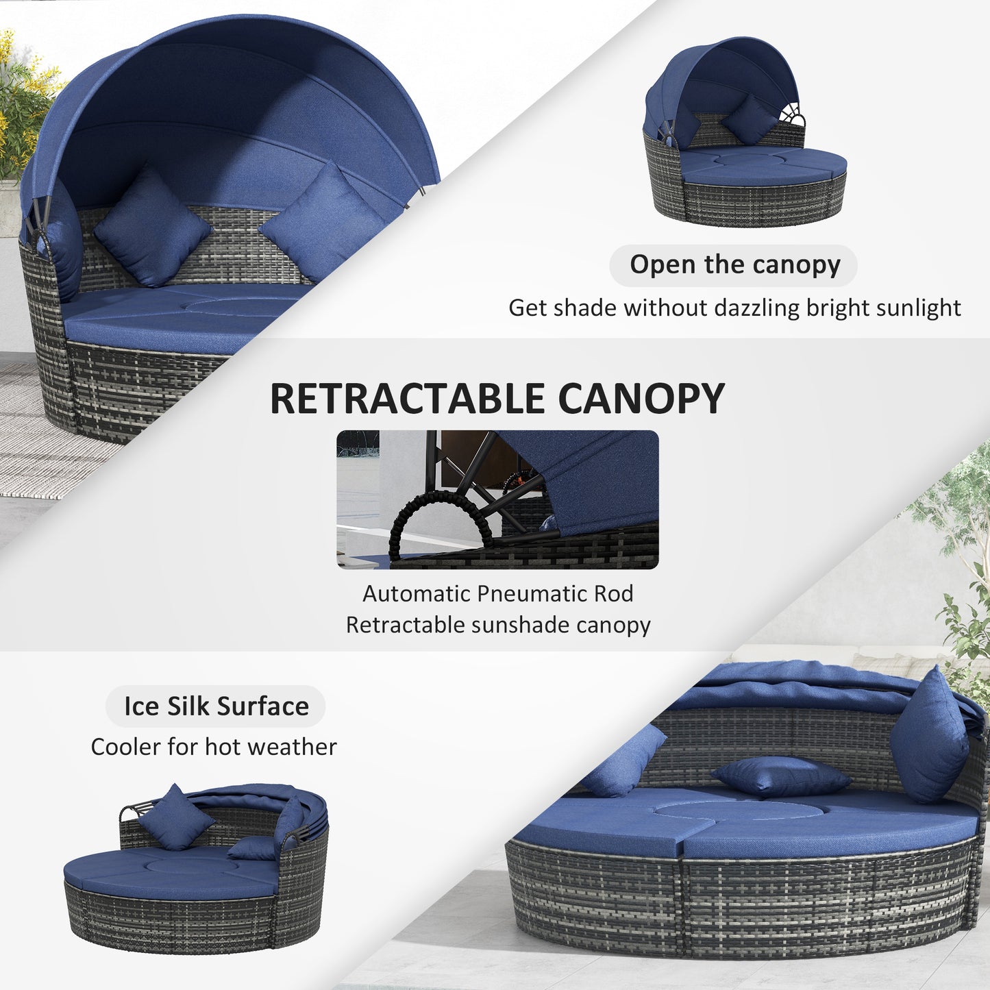 4 Pieces Outdoor Daybed with Retractable Canopy, Wicker Lounger Bed, Conversation Furniture Set, Dark Blue