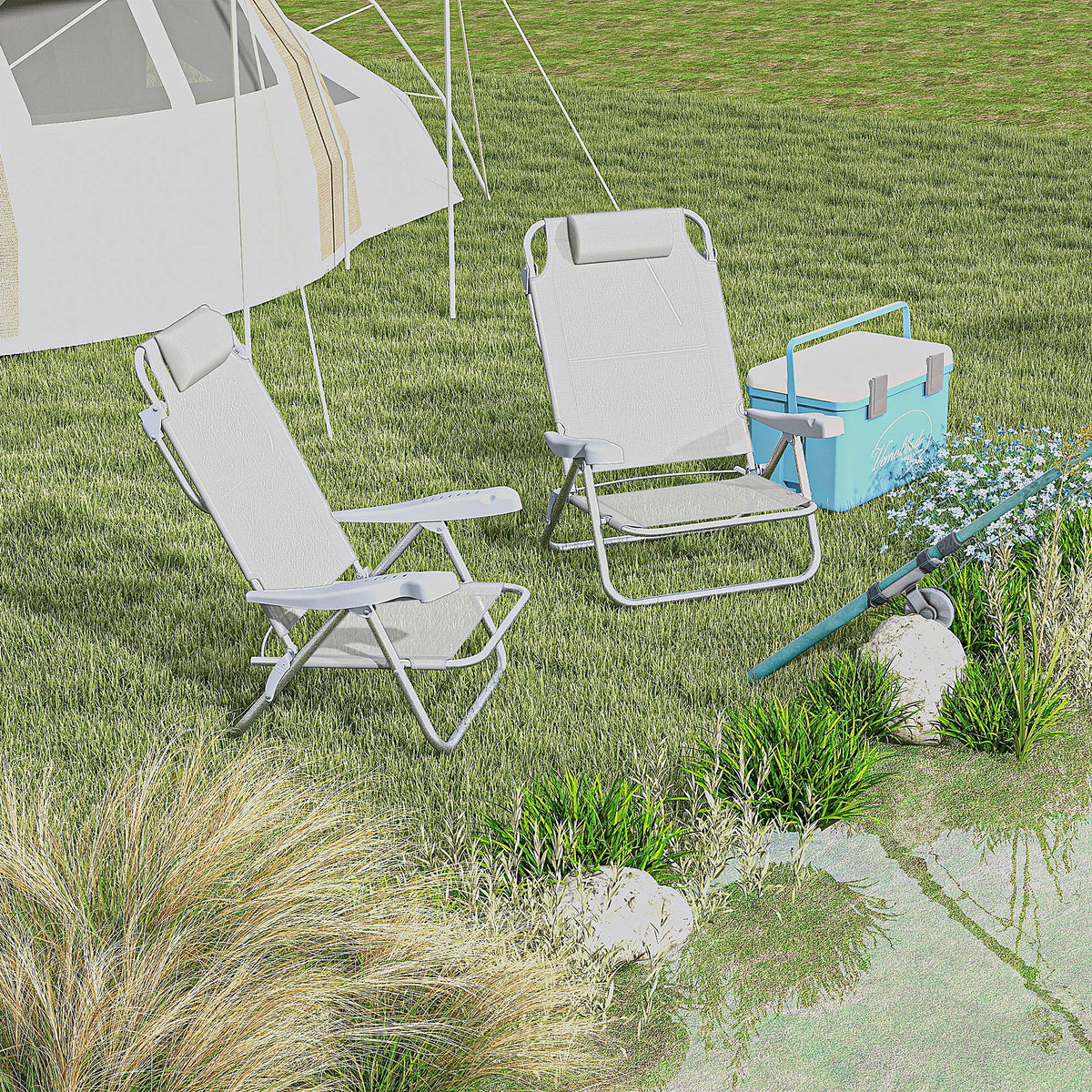Set of 2 Camping Chairs, Beach Chairs with Adjustable Backrest and Headrest, Folding Chair for Outdoor, Light Grey