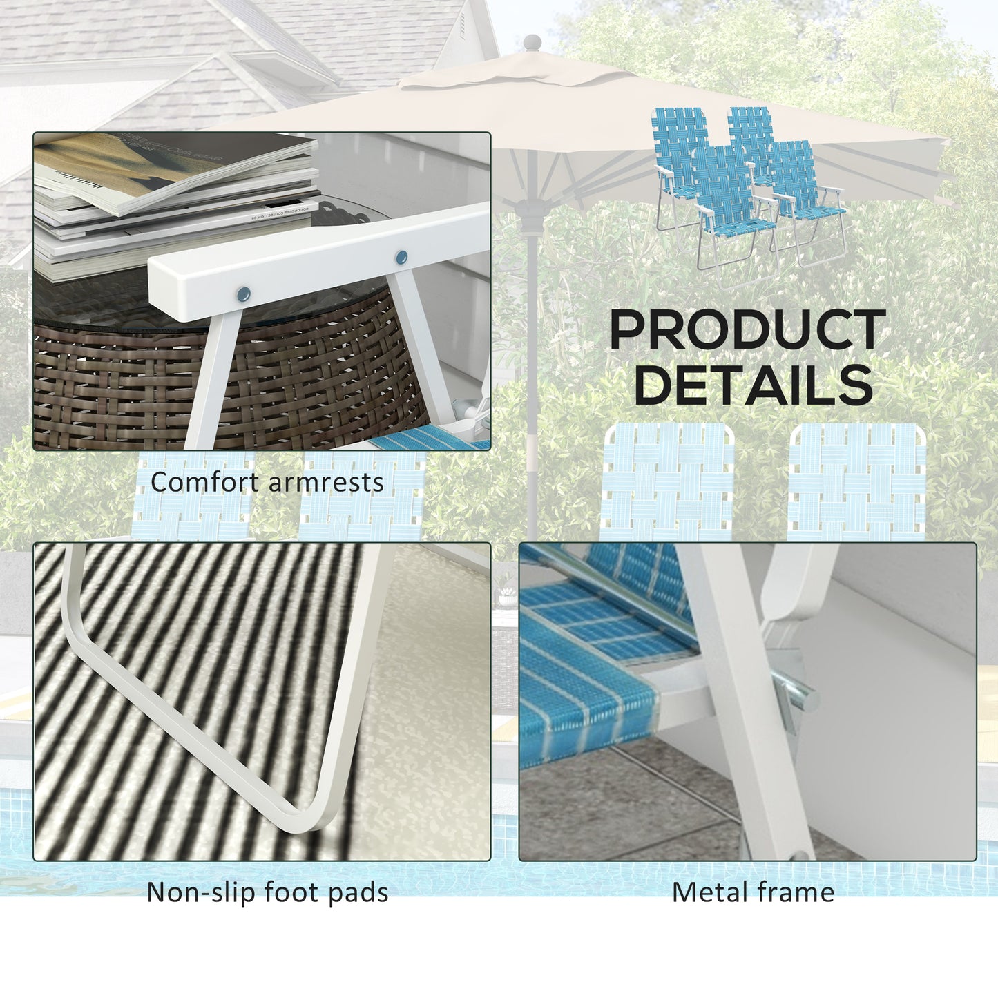 Set of 4 Folding Patio Chairs, Portable Chair Set with Armrests for Camping, Garden, Pool, Beach, Backyard, Blue