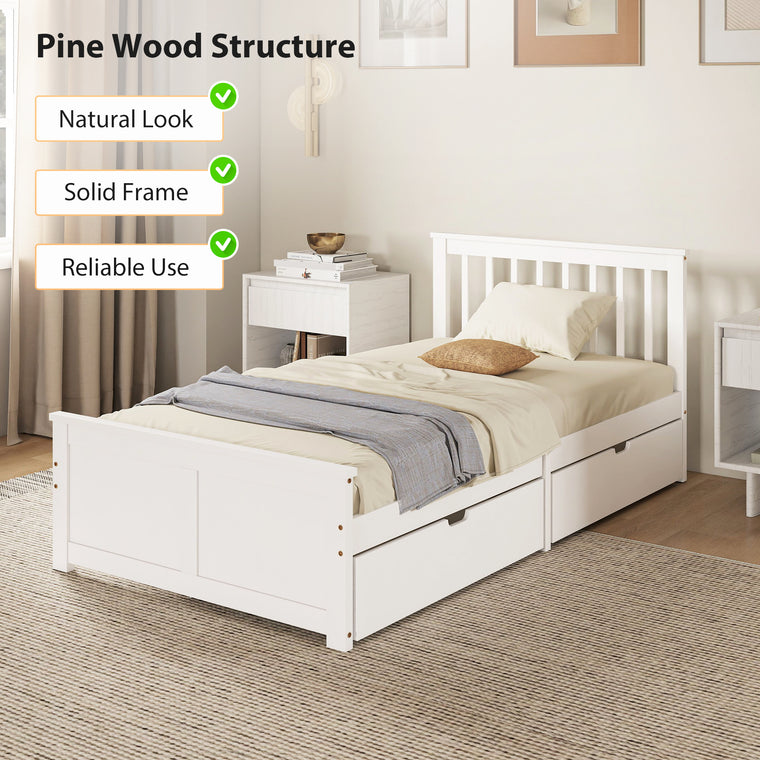 Pine Twin Storage Bed Frame with Drawers - White