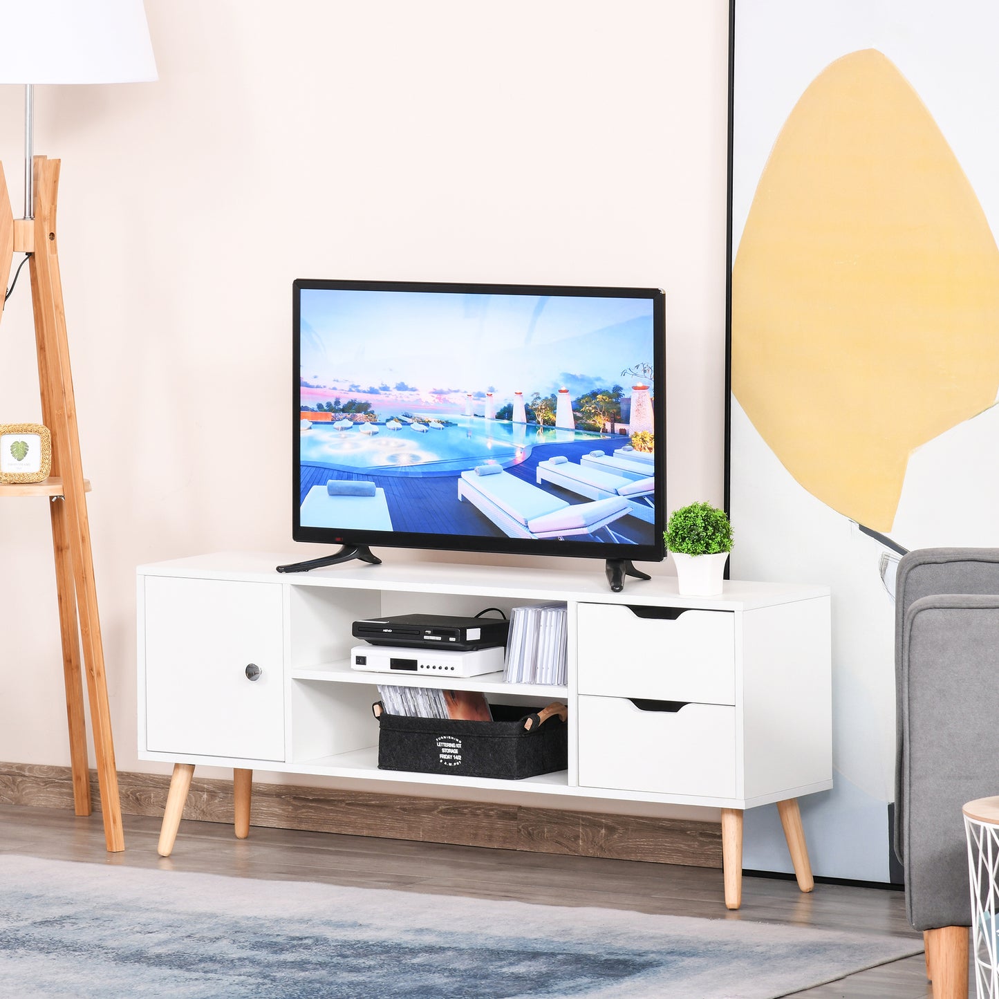 TV Stand for TVs up to 50", TV Cabinet with Shelves, Drawers and Cable Hole, Entertainment Unit for Living Room, White