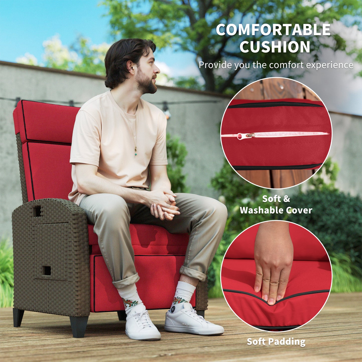 Outdoor Recliner Chair with Adjustable Backrest, Cushion, Side Tray, Black