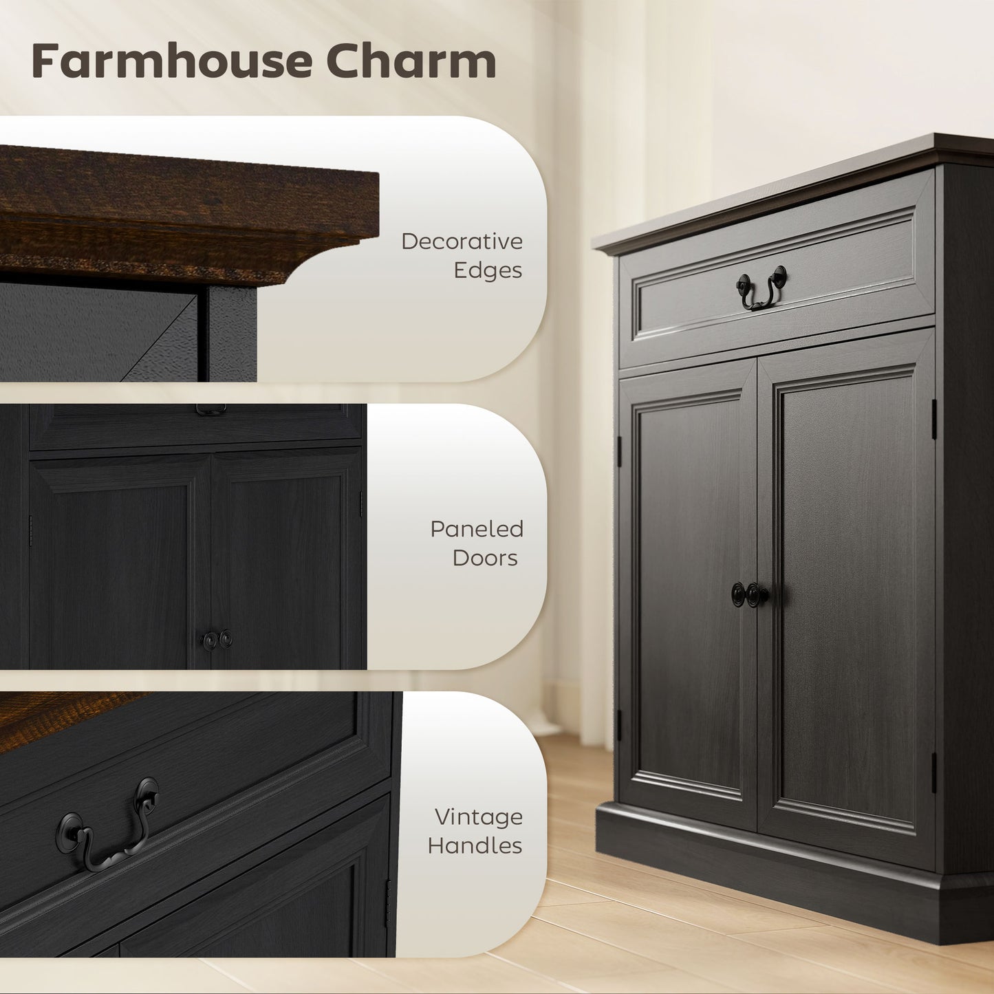 Buffet Cabinet, 32" Farmhouse Sideboard with Thick Top, Quiet Drawer and Adjustable Shelf, Black Wood Grain