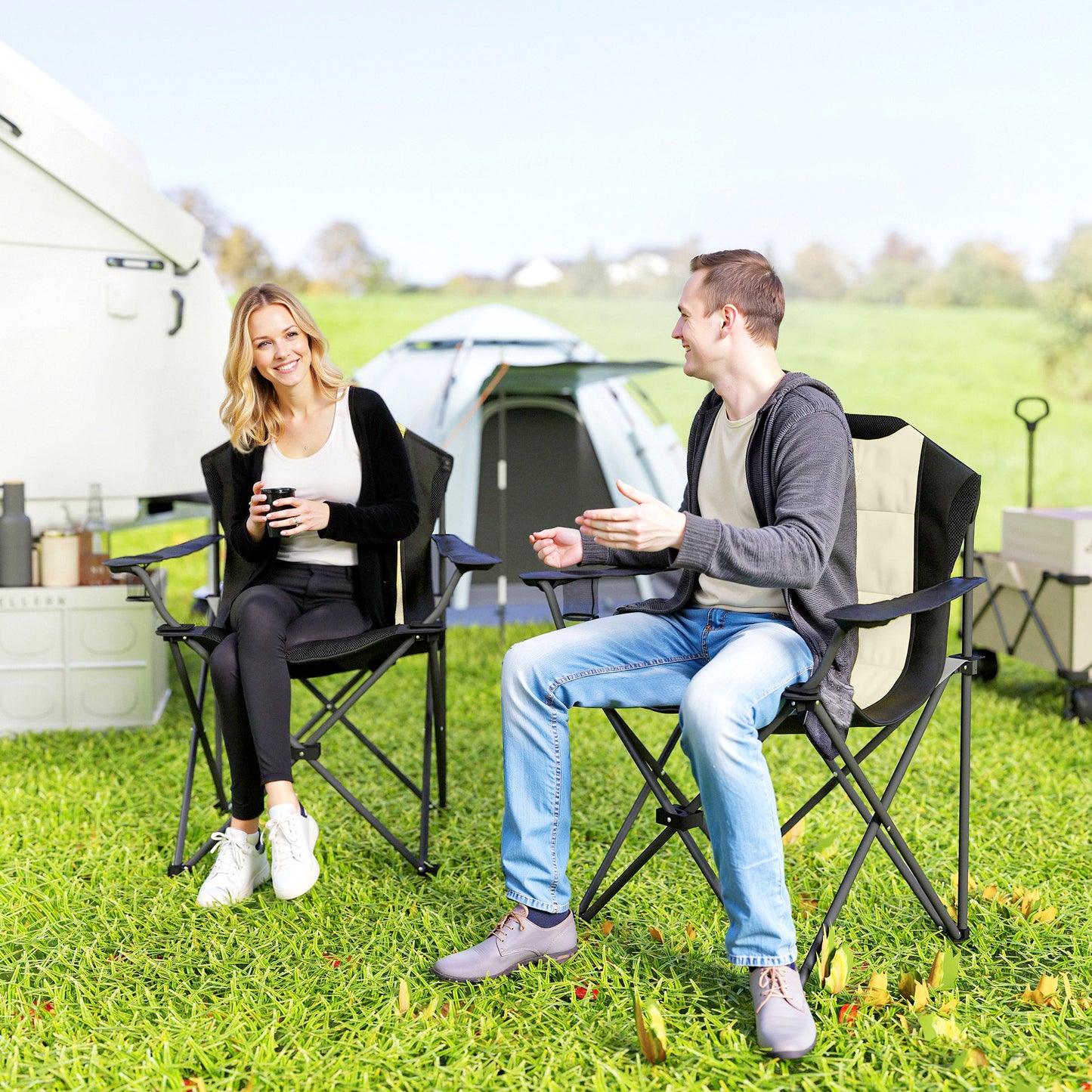 2 Pack Folding Camping Chairs, High Back Folding Chairs w/ Cup Holder, Padded Camping Chairs for Outdoor Events, Cream