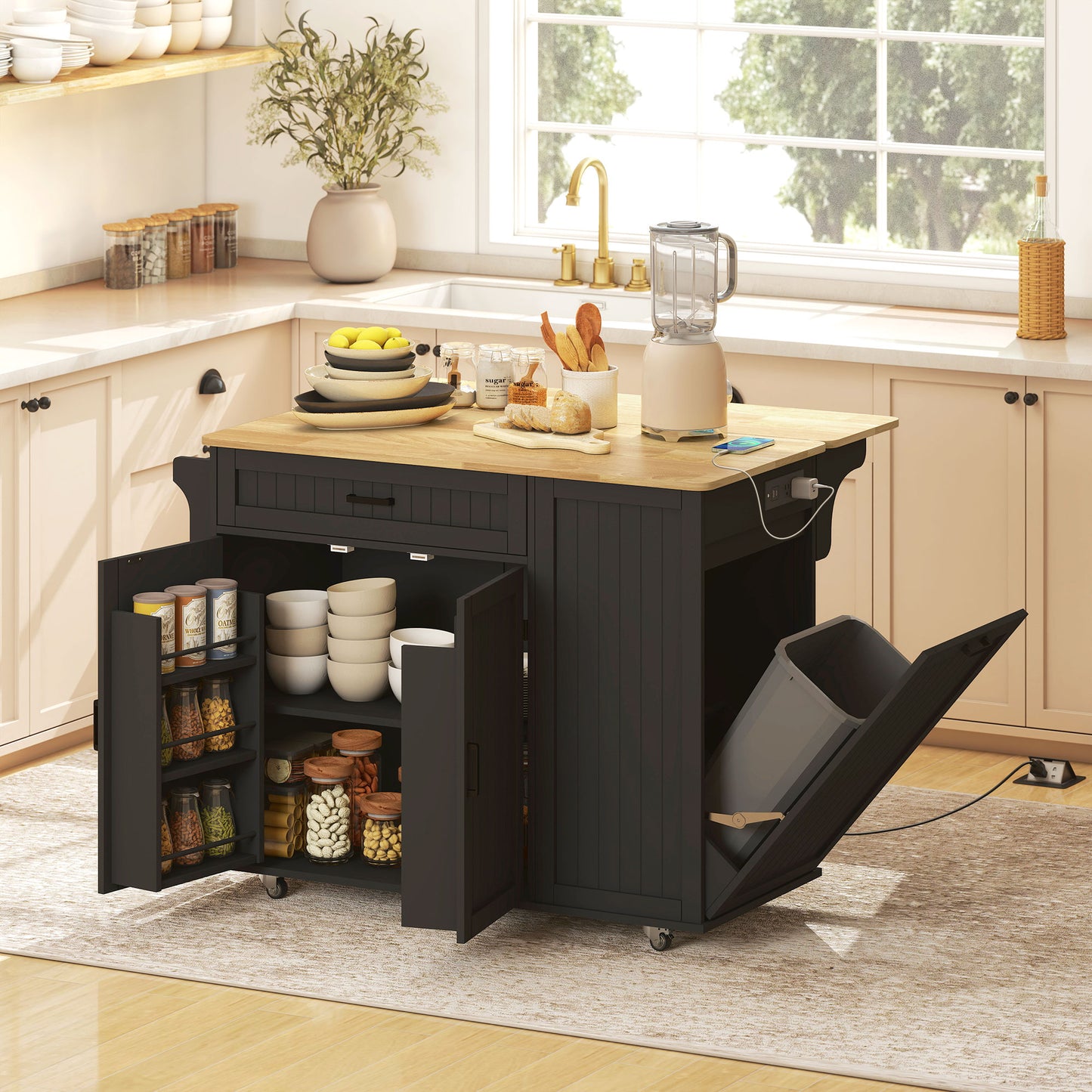 Kitchen Island Cart, Portable Kitchen Island Table with Charging Station, Rubber Wood Drop Leaf, Trash Storage, Black