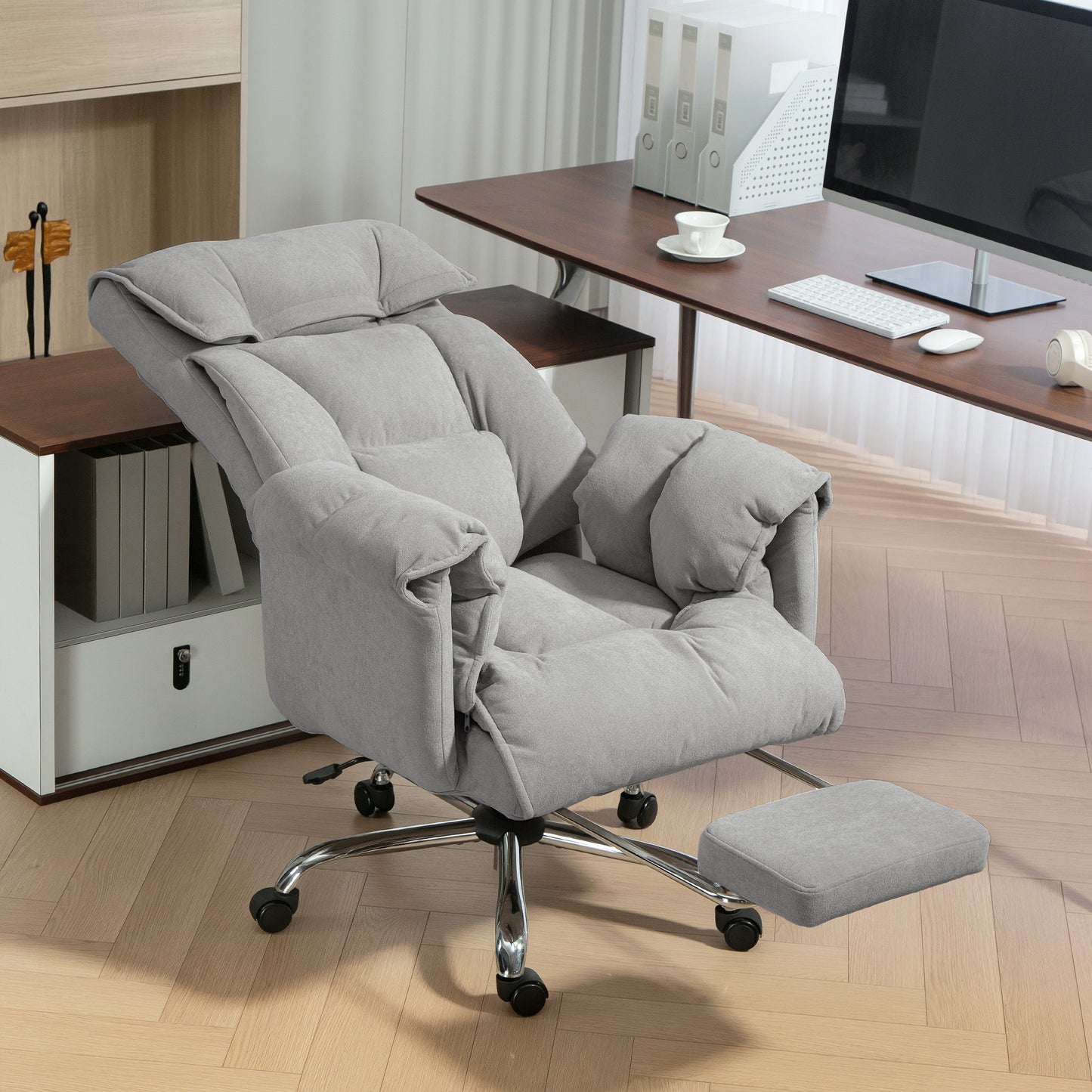 High Back Office Chair, Reclining Desk Chair with Footrest, Swivel Base, Rolling Wheels, Light Grey