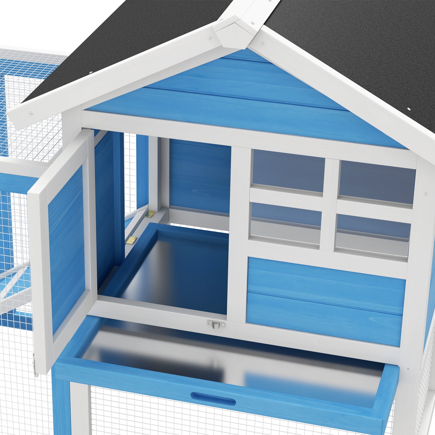 49" Wooden Rabbit Hutch With Slant Roof and Run, Light Blue
