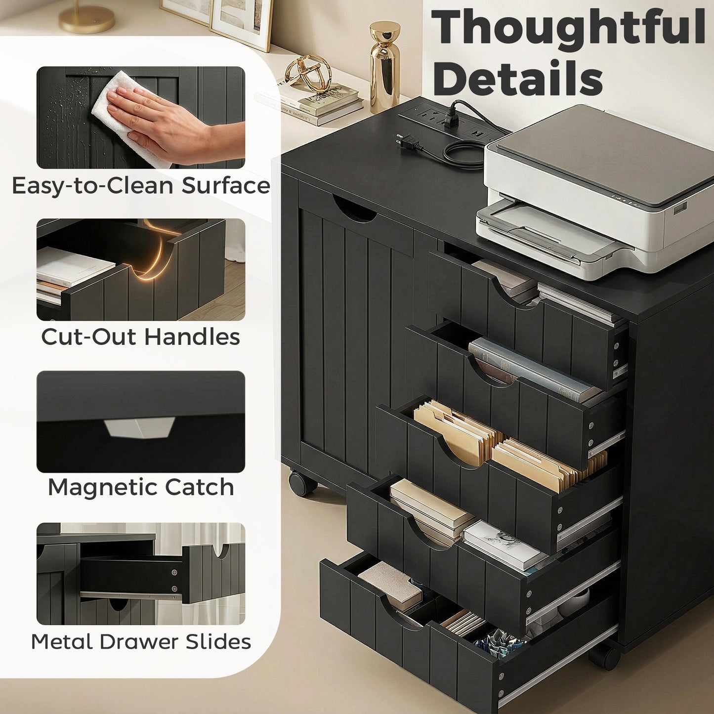 Mobile Lateral Filing Cabinet with 5 Drawers, Printer Stand with Power Outlets and USB Ports for Home Office, Black
