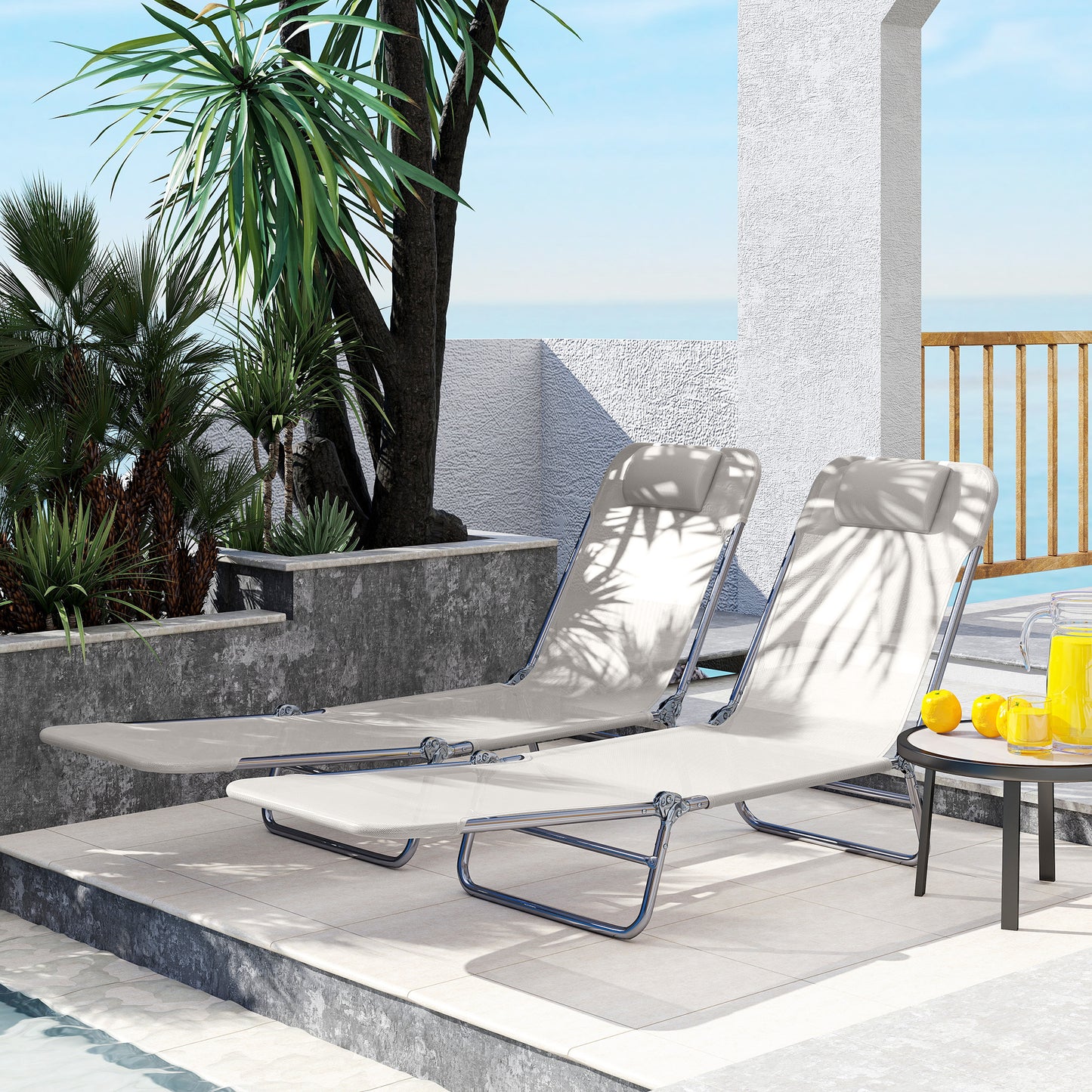 Set of 2 Folding Chaise Lounge Chairs, Outdoor Poolside Sun Tanning Chairs w/ Pillow, Reclining Backrest, Cream White