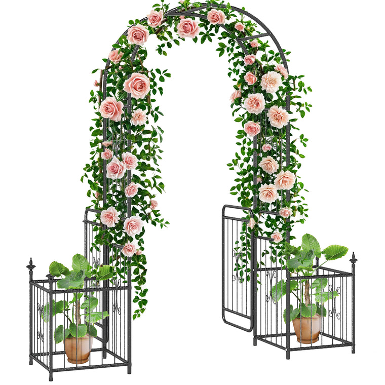 7.2FT Black Metal Garden Arch with Gate & Planter Baskets