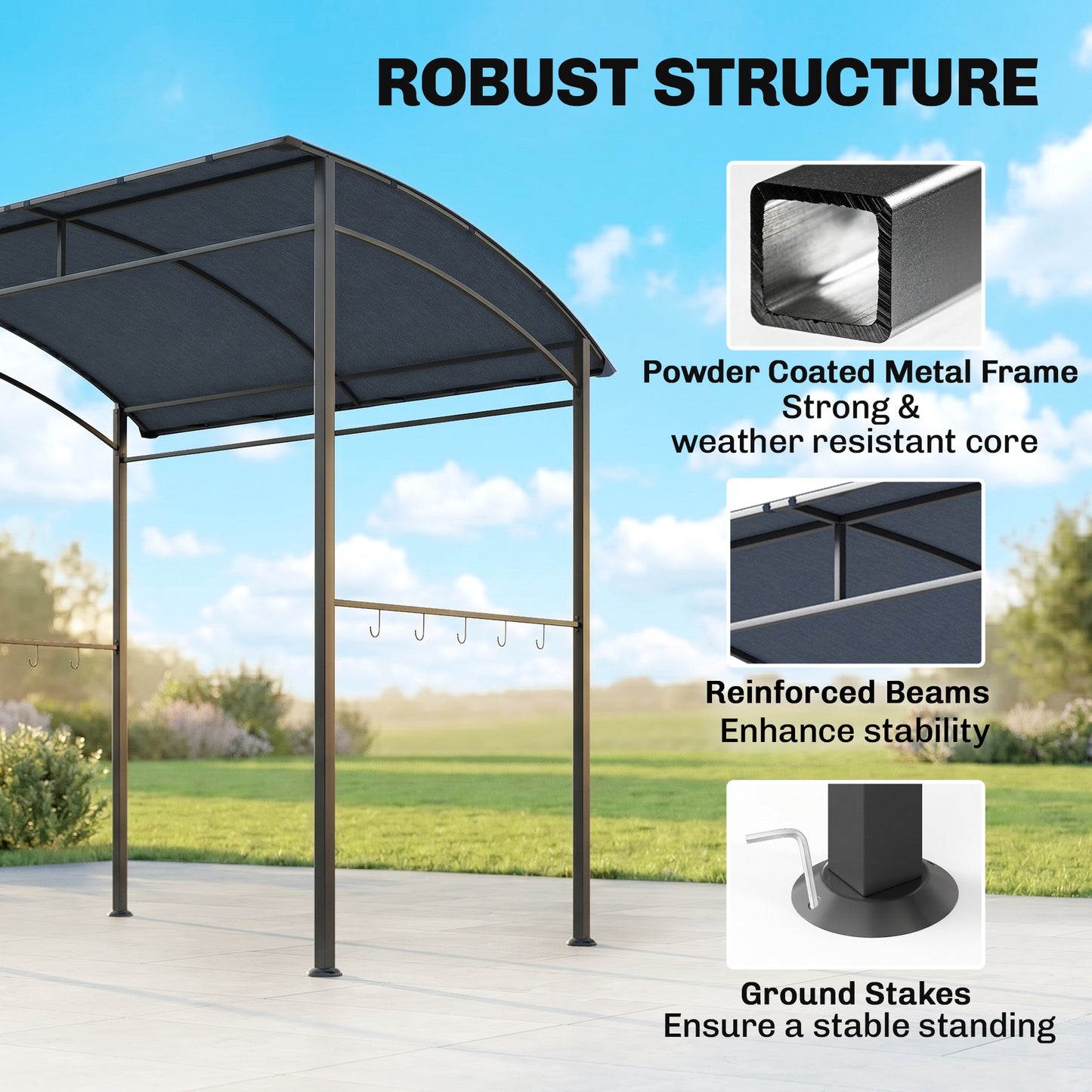 7' x 5' BBQ Grill Gazebo Tent, Garden Grill Canopy with Steel Frame and Hooks, Outdoor Sun Shade, Grey