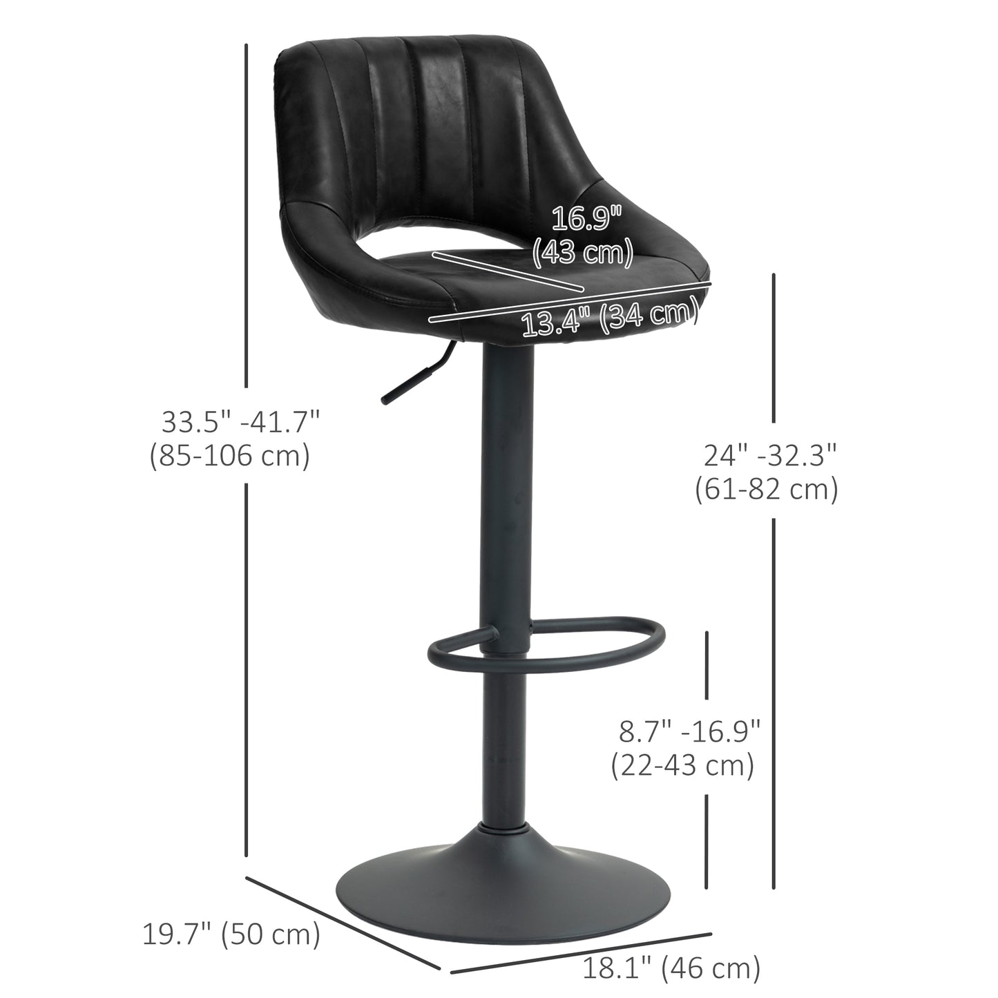Swivel Bar Stools Set of 2, Faux Leather Upholstered Counter Height Barstools with Round Metal Base