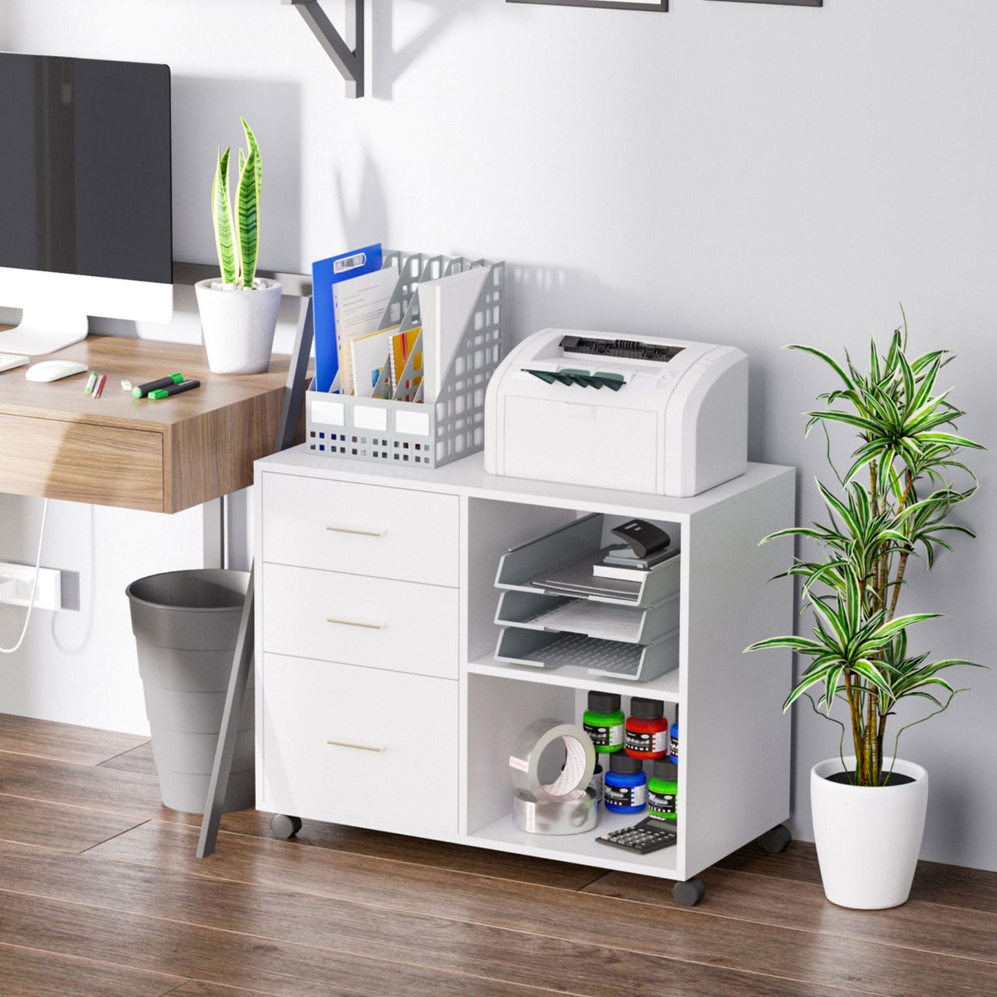 Modern Lateral Filing Cabinet, 3 Drawer File Cabinet for Letter and A4 Size Documents, Mobile, Printer Stand with Open Shelves, Rolling Wheels, White
